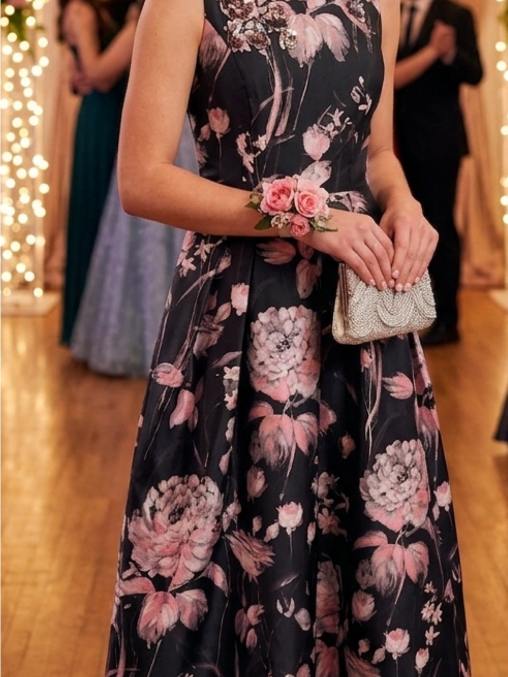 Theia Floralball Gown Dress In Black With Pink Blooms